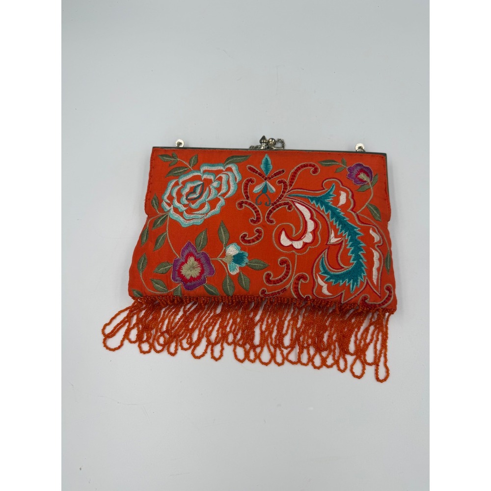 Moyna Orange Embroidered Silk Floral Clutch Beaded Fringe Evening Bag w/ Chain - Picture 1 of 8